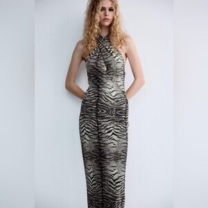 Zara NWT Animal Print Tulle Long Dress White Black Women’s Size XS